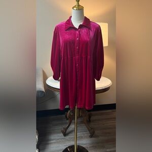 Velvet Button-Up Hi Low Tunic Dress in Hot Pink